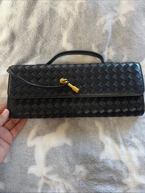 Black Woven Leather Clutch with Gold Accent
